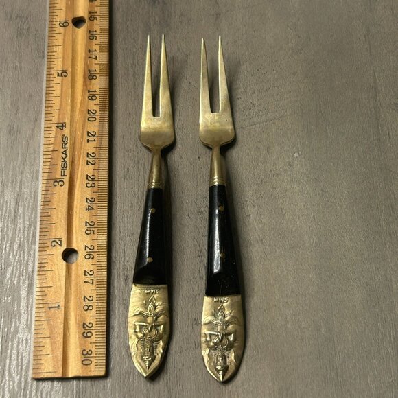 Vintage Siam Thailand Buddha Brass & Teak Wood 1950s MCM Mini Flatware Fork Set - Picture 2 of 3